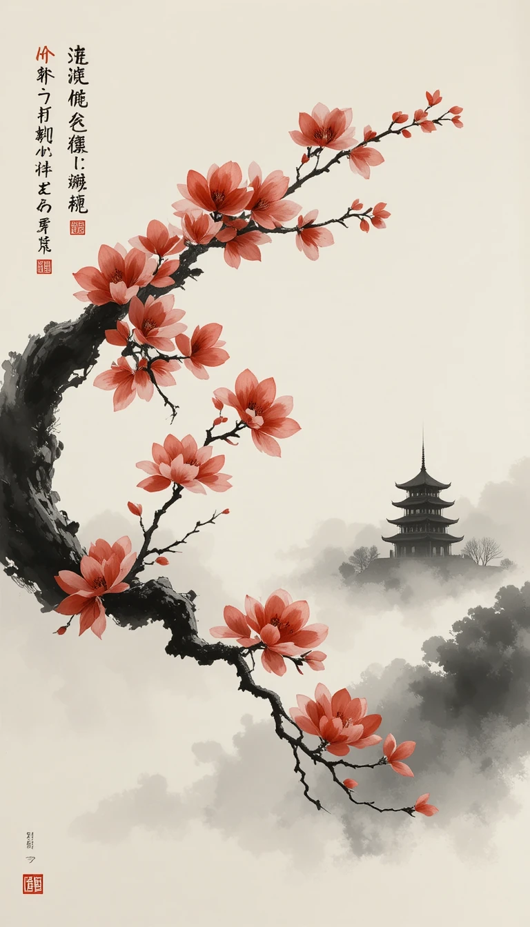 Red plum blossom branch in traditional ink wash painting