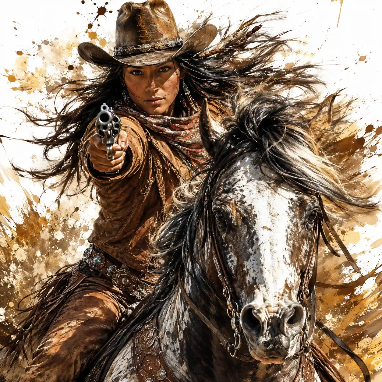 Close up of native cowgirl aiming pistol on galloping horse