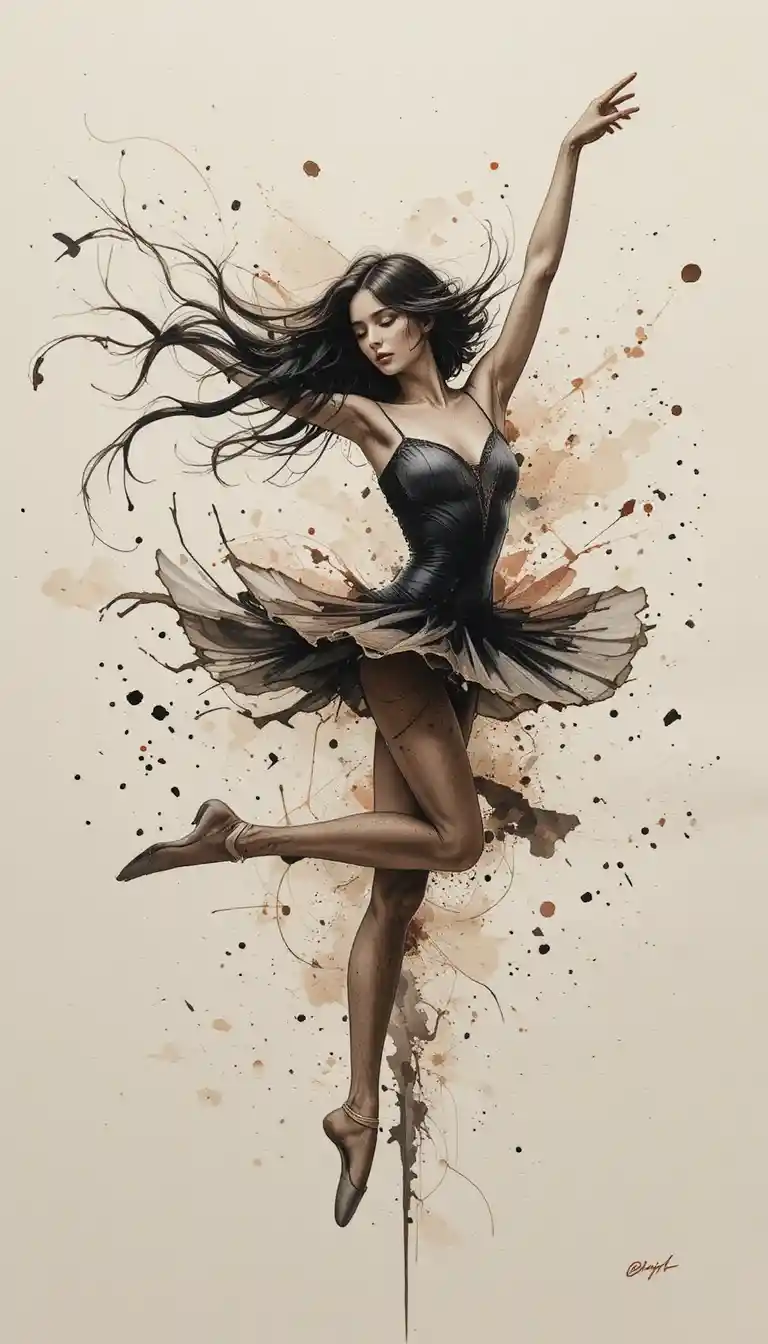 Watercolor ballerina leaping across a soft abstract background