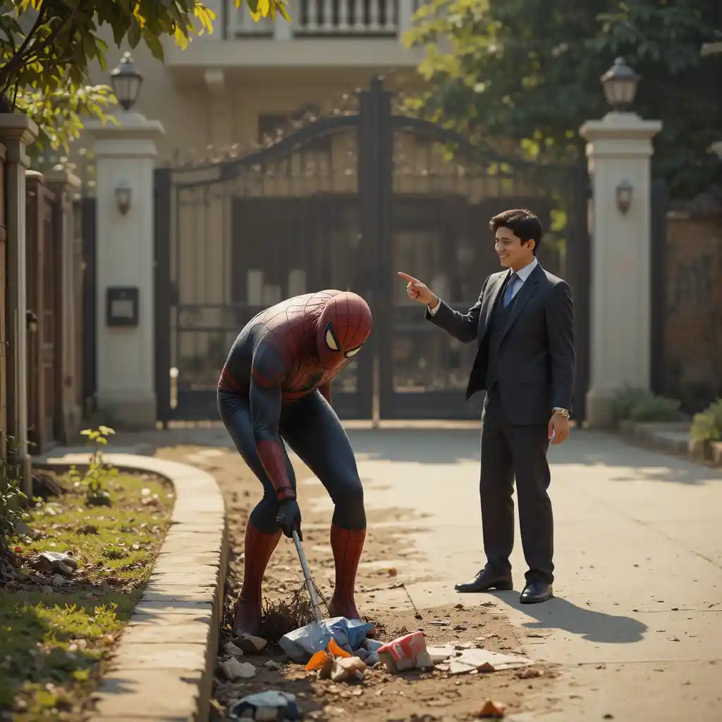 Superhero cleaning a gutter on a humble city street