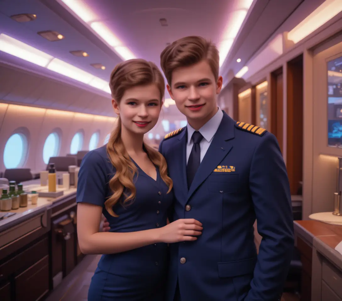 Airline captain posing with stewardess in first class lounge