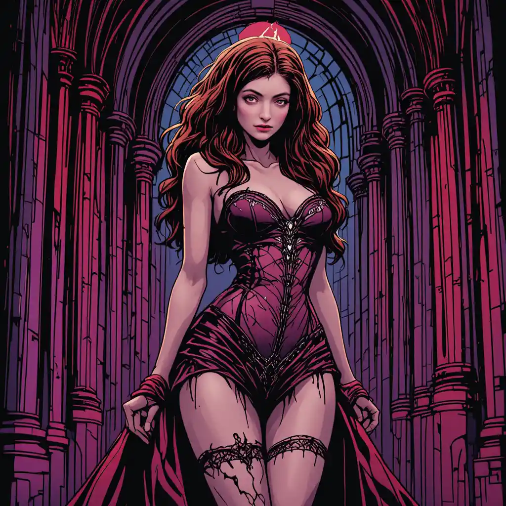 Gothic princess in lingerie inside a grand cathedral