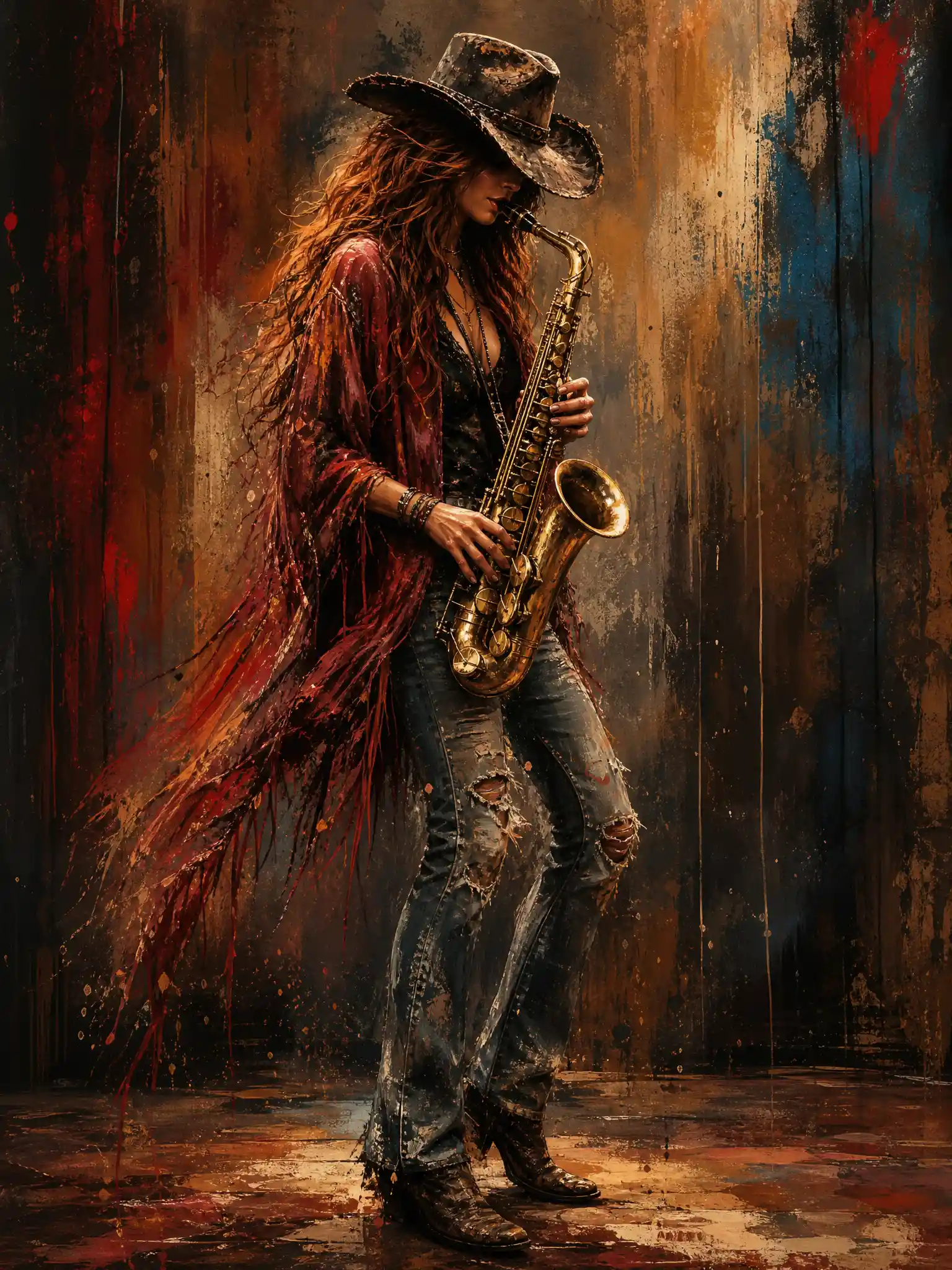 Mysterious female saxophone player in painterly stage shadows