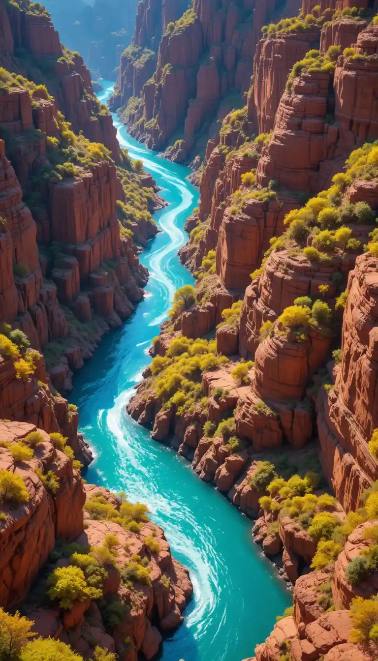Aerial canyon river in bold turquoise and orange tones