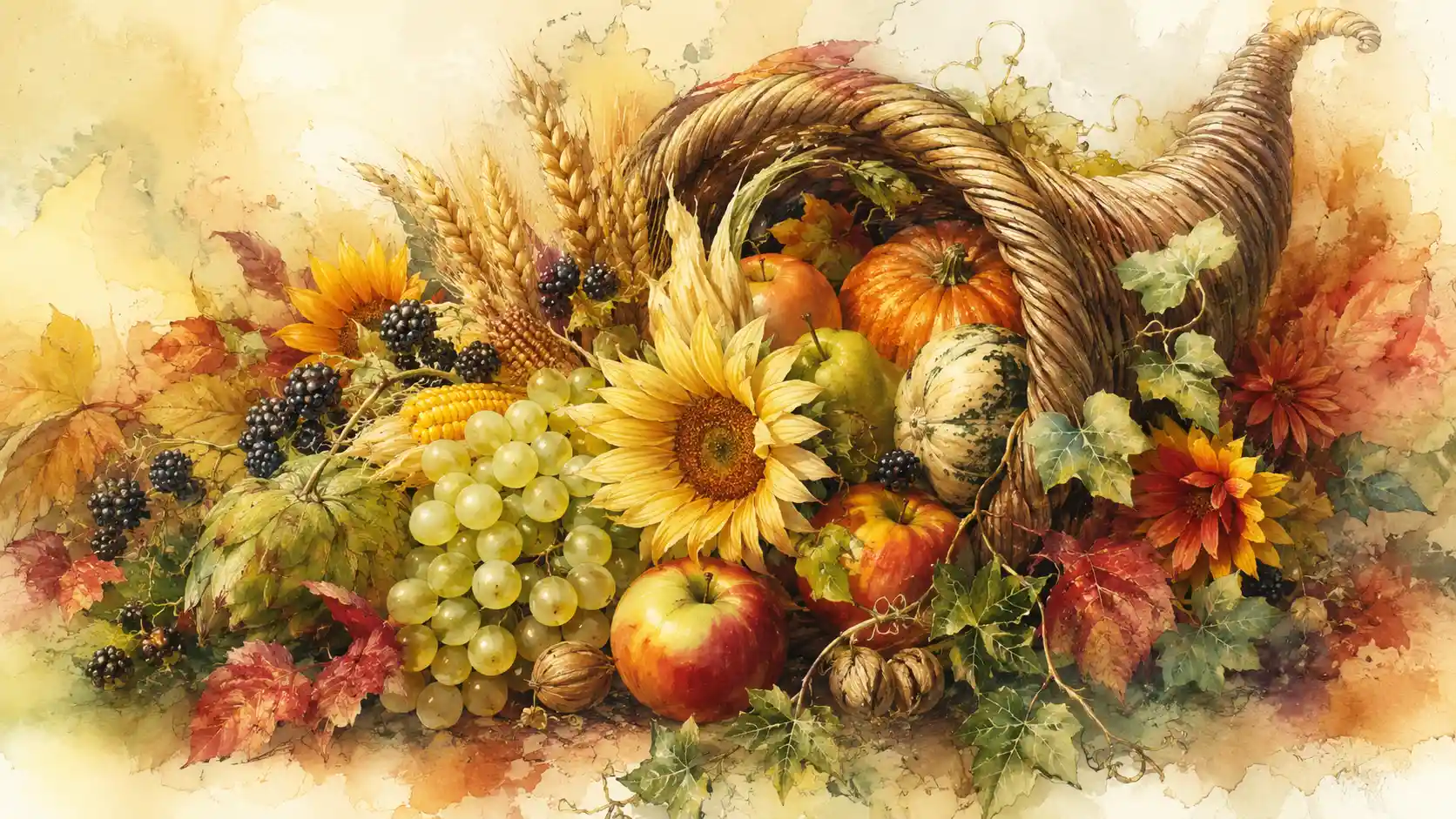 Abundant harvest cornucopia with fruits flowers and grains