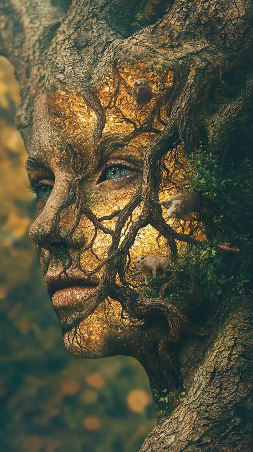 Ancient oak merging into a surreal human forest portrait