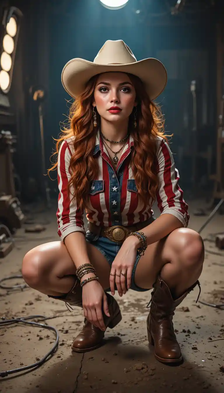 Confident cowgirl crouching in warm cinematic studio lighting