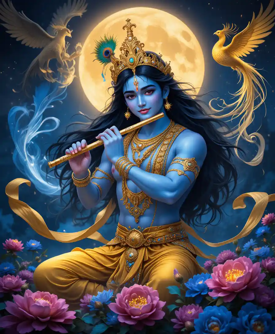 Divine blue skinned musician under a glowing moon