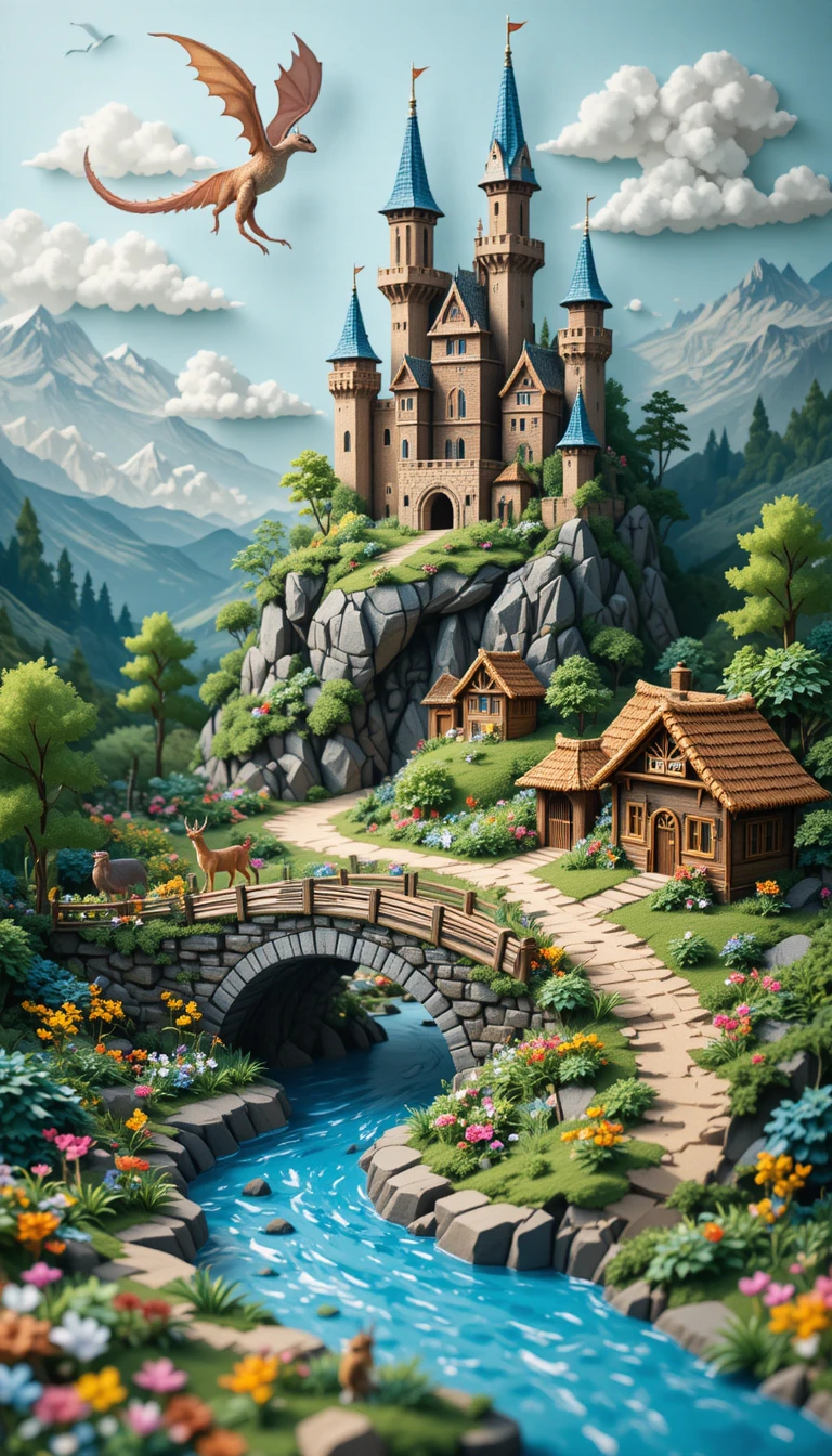 Magical paper fantasy river leading to cliffside castle