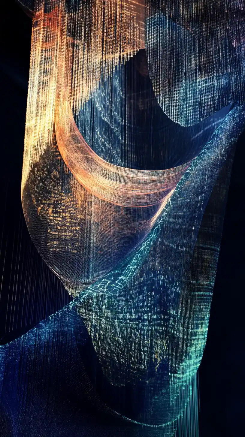 Celestial figure weaving glowing threads into shifting realities