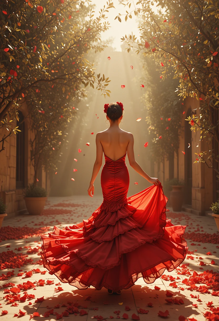 Surreal fashion woman in flowing red flamenco inspired dress