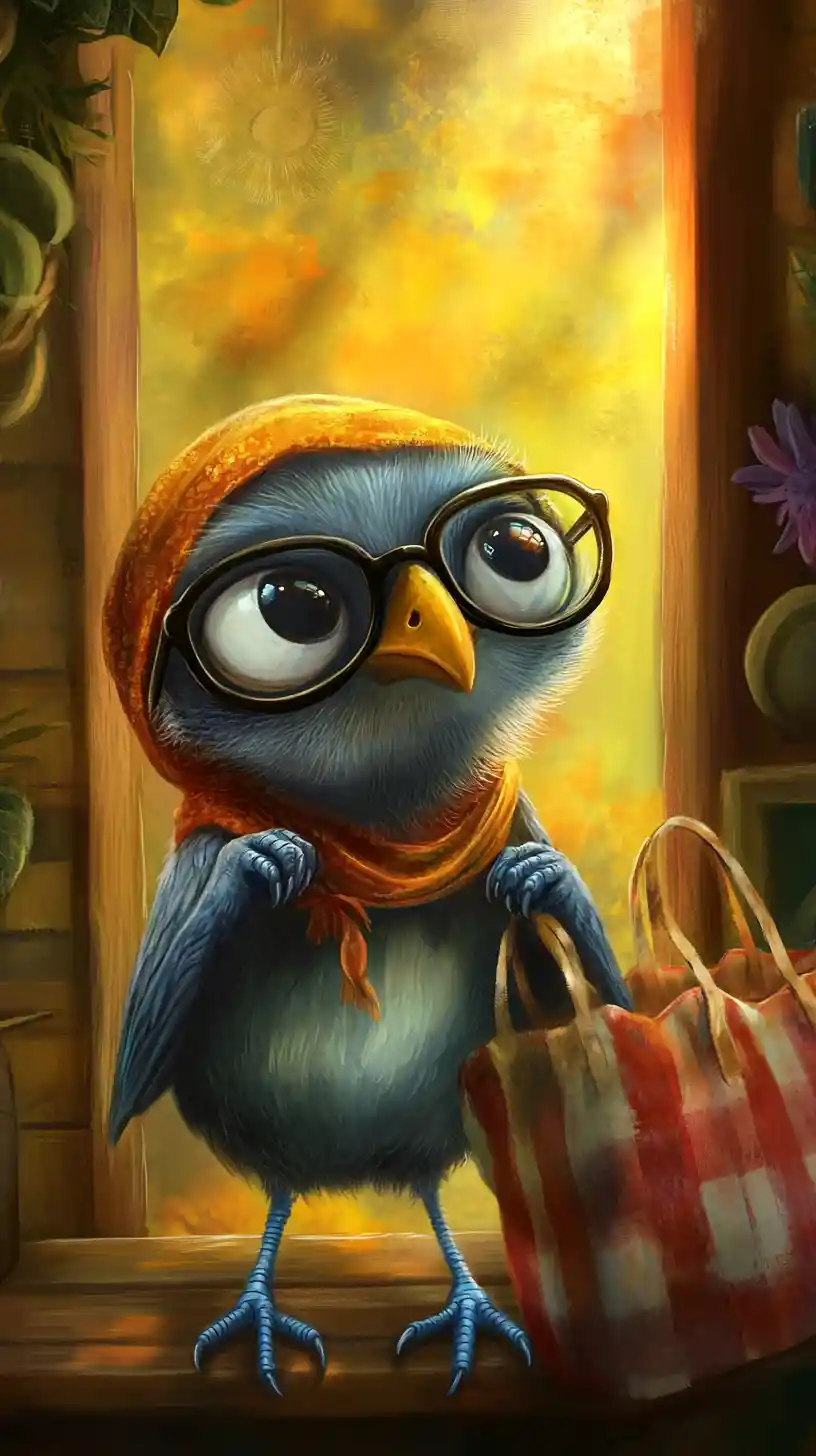 Blue cartoon bird with glasses and striped bag