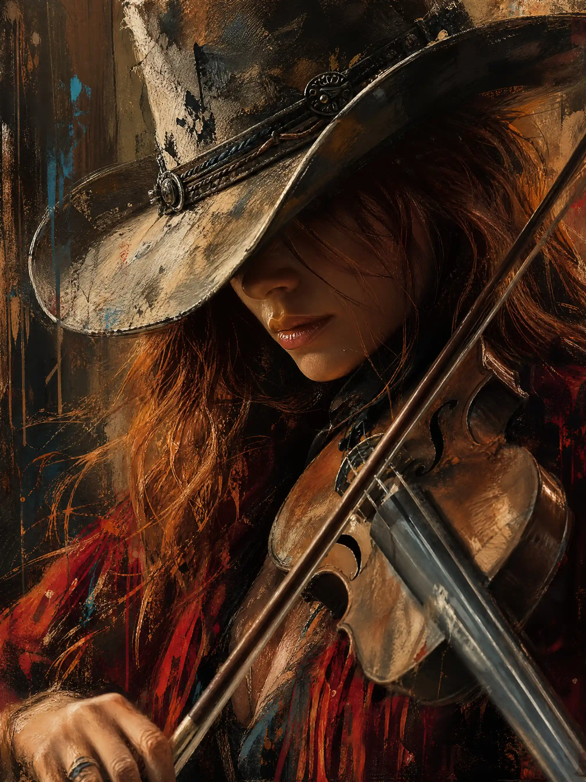 Cowgirl violinist in shadowy close up digital painting