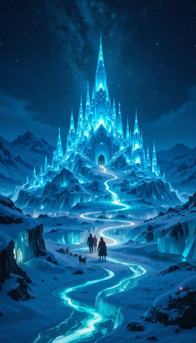Glowing crystal palace rising from frozen arctic landscape