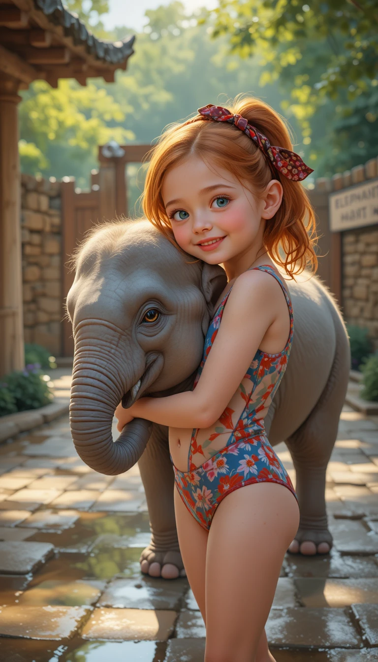 Young girl hugging a baby elephant in warm sunlight