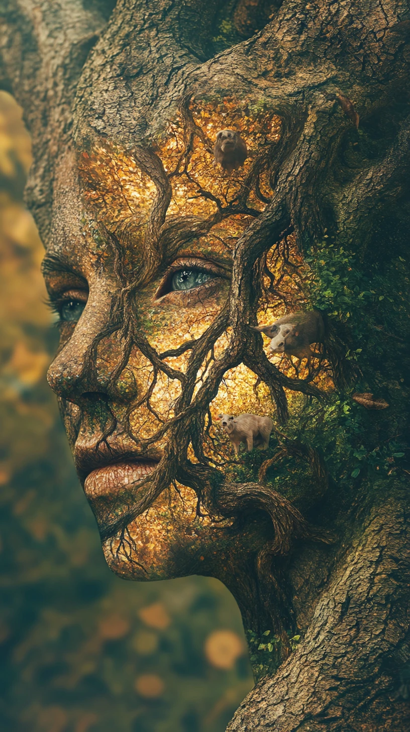 Ancient oak merging into a surreal human forest portrait