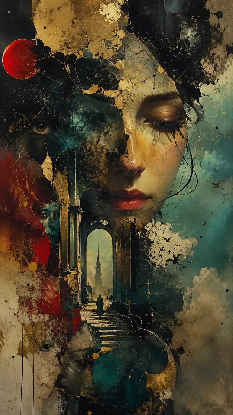 Fragmented surreal portrait with hidden faces and dreamlike erosion