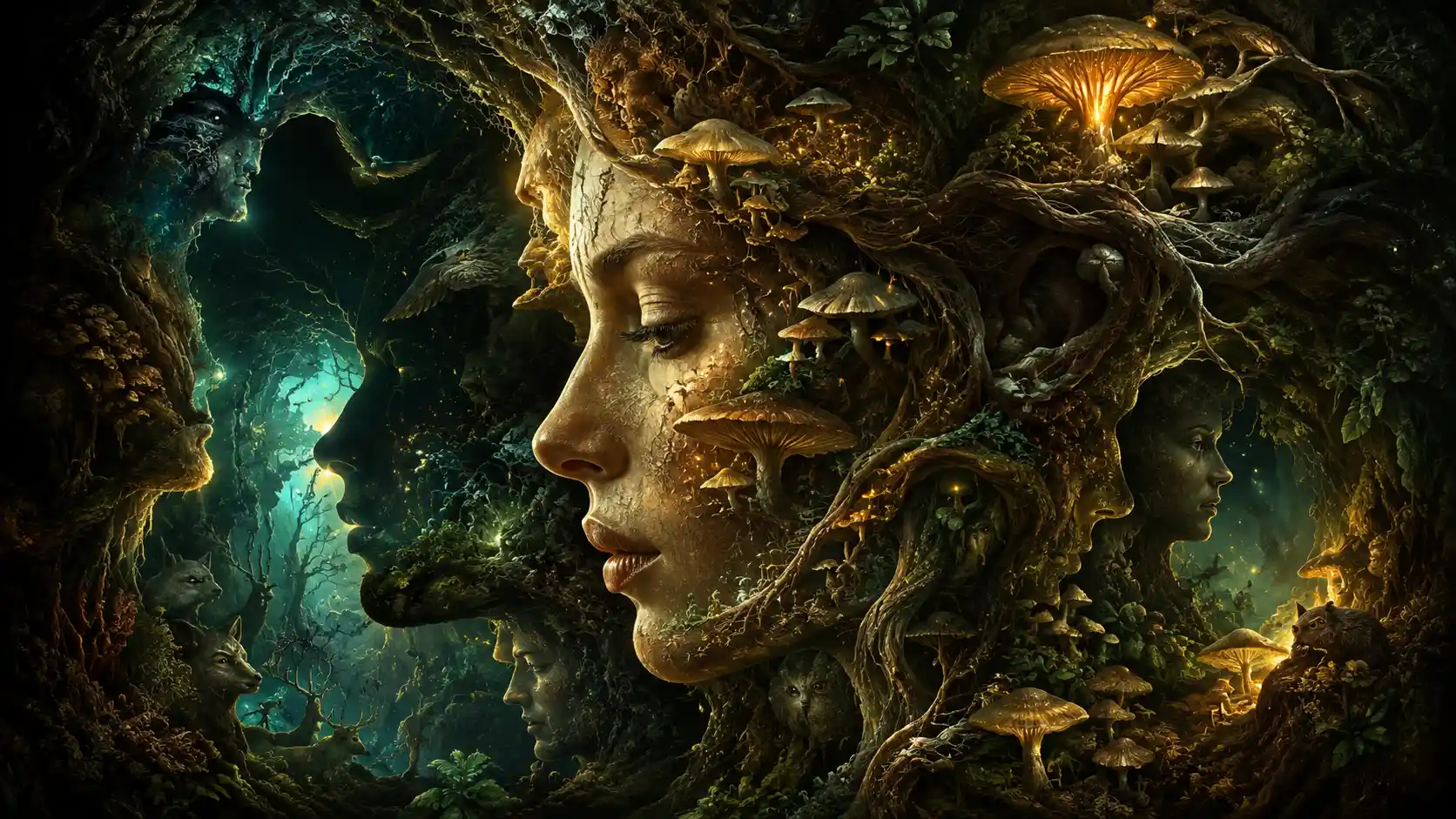 Surreal forest portrait woven from glowing fungal mycelium