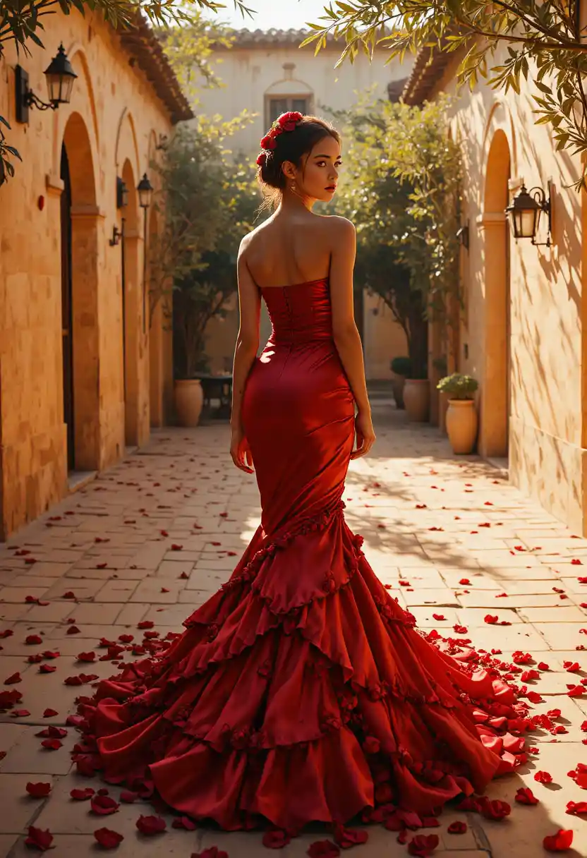 Surreal flamenco fashion model in a dreamlike courtyard
