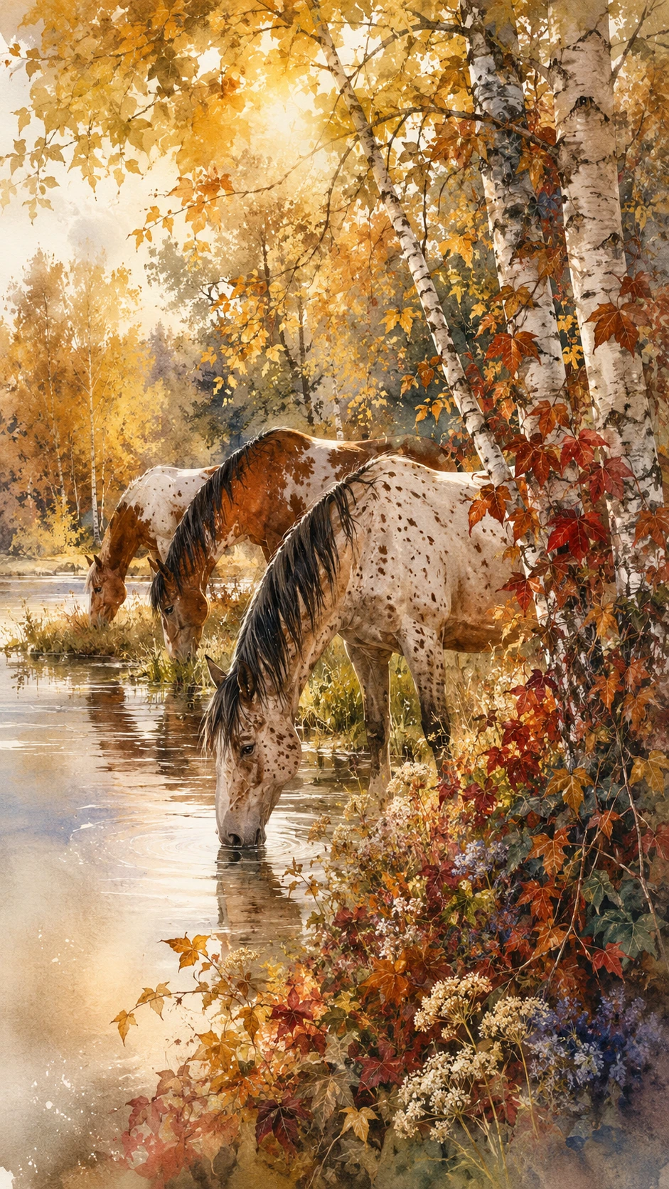 Horses at a sunlit lakeside in colorful autumn forest