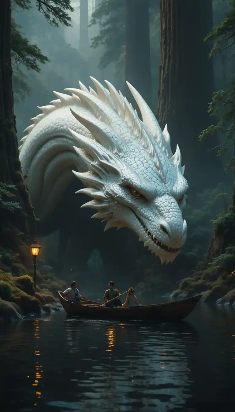 Majestic white dragon resting in a misty redwood forest