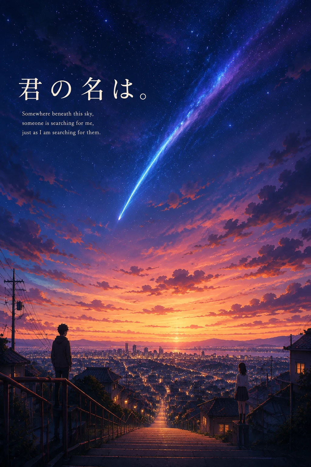 Two distant figures under a twilight sky above the city