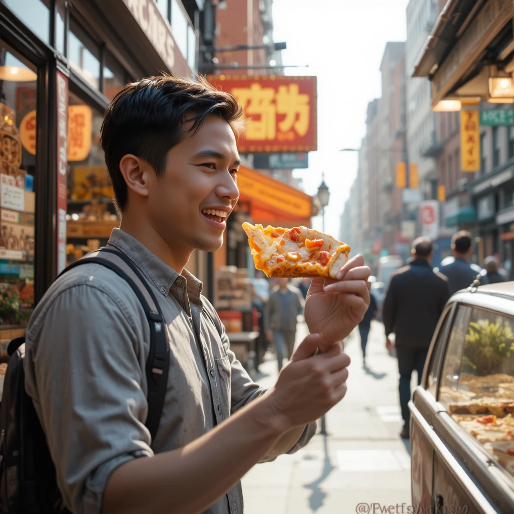 Young man buying a slice at a New York pizza shop