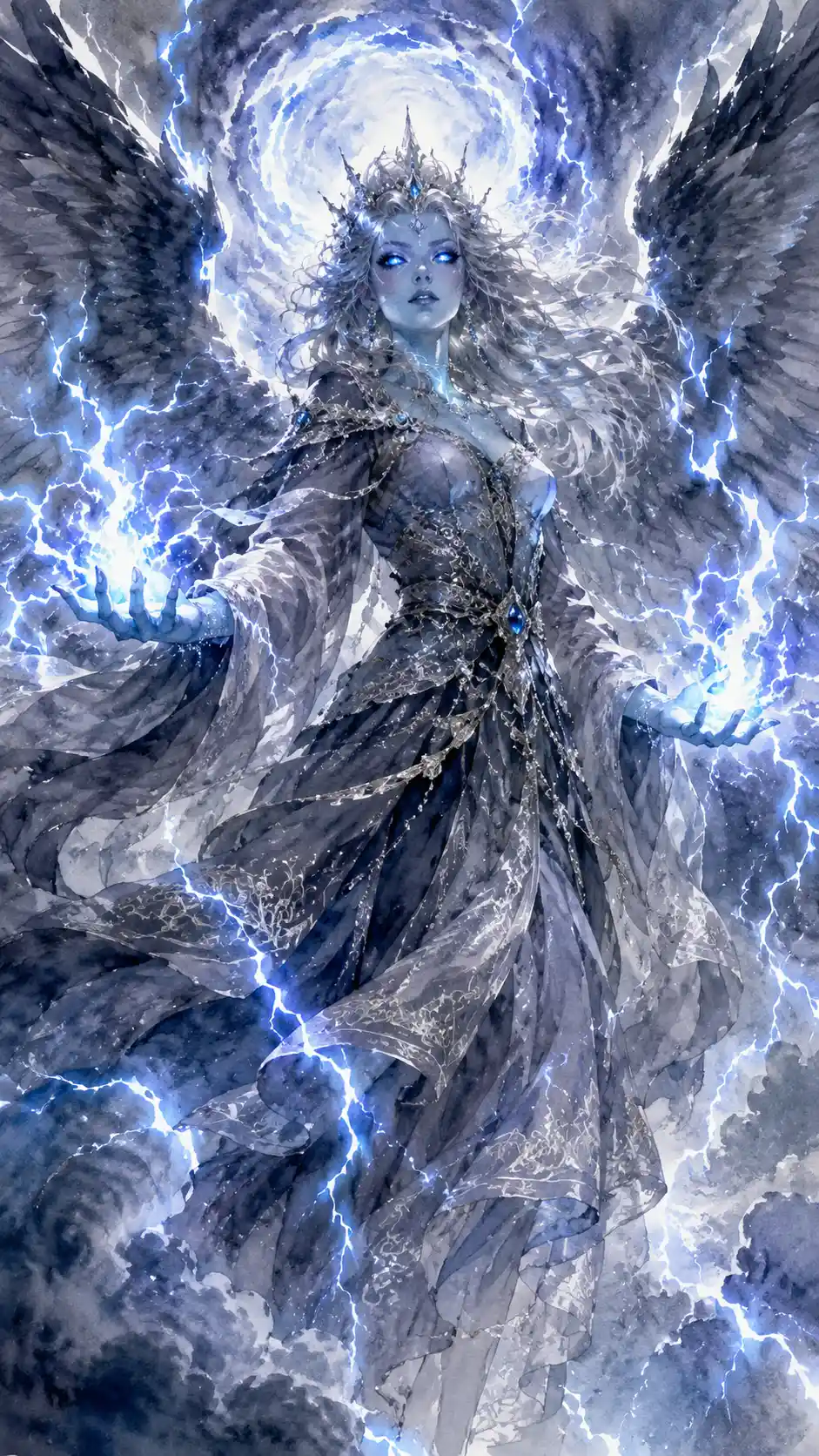 Storm sorceress with lightning and vast feathered wings