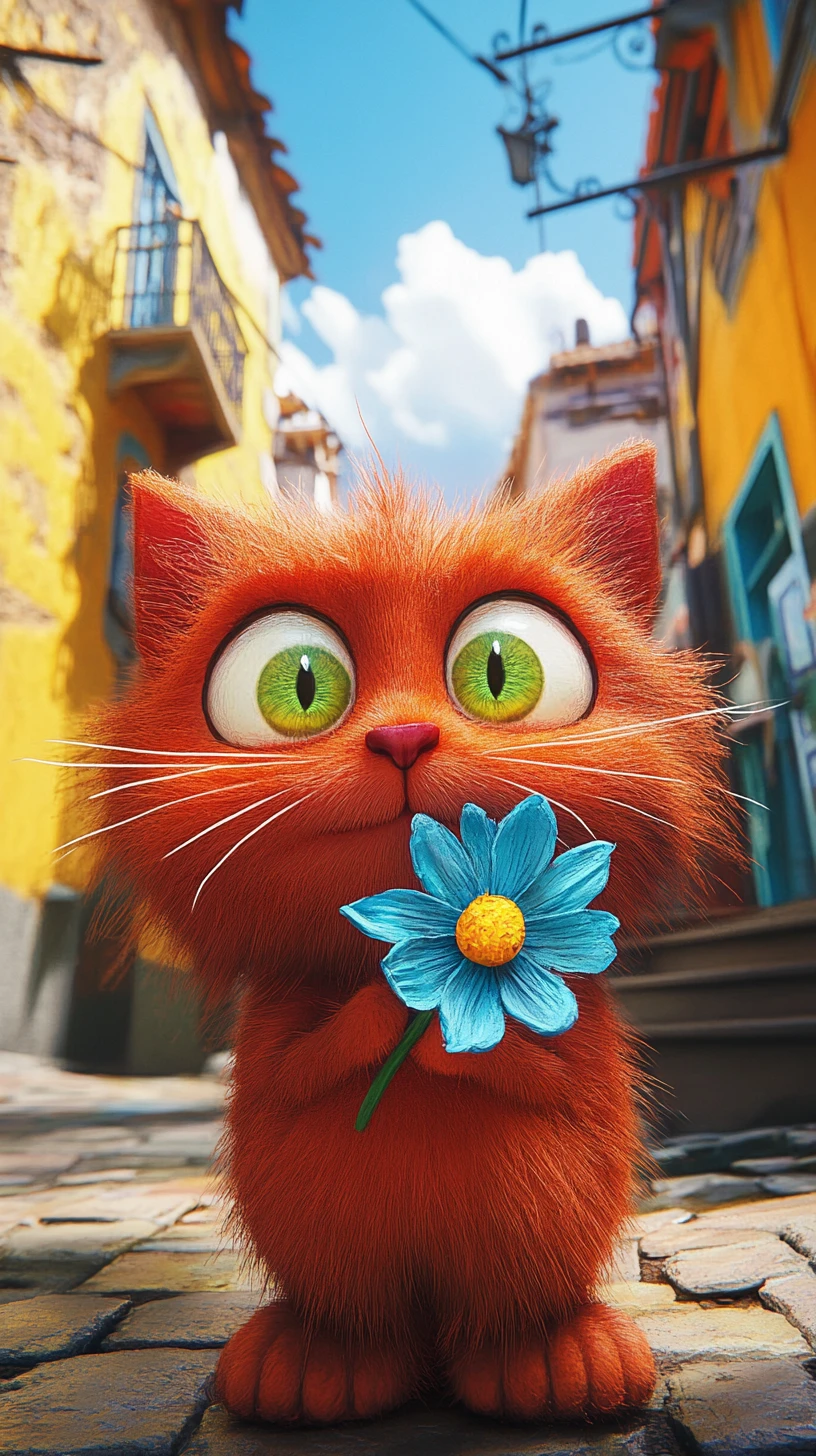 Cute red cat with green eyes holding a blue flower