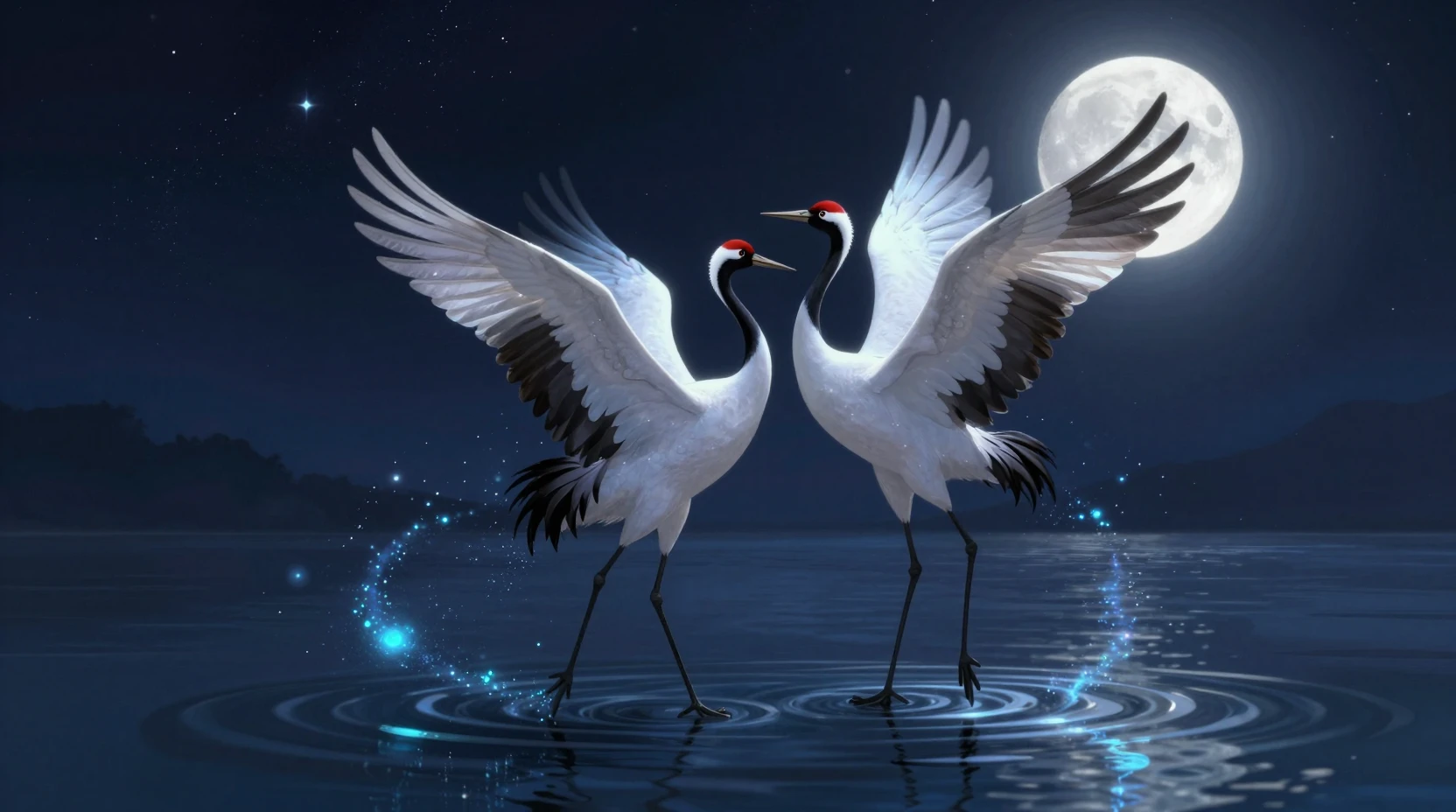 Two white cranes dancing on a starlit magical lake