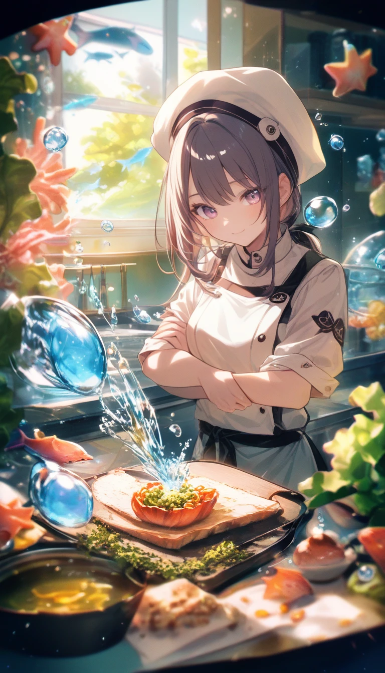 Anime girl cooking in an underwater glass dome classroom