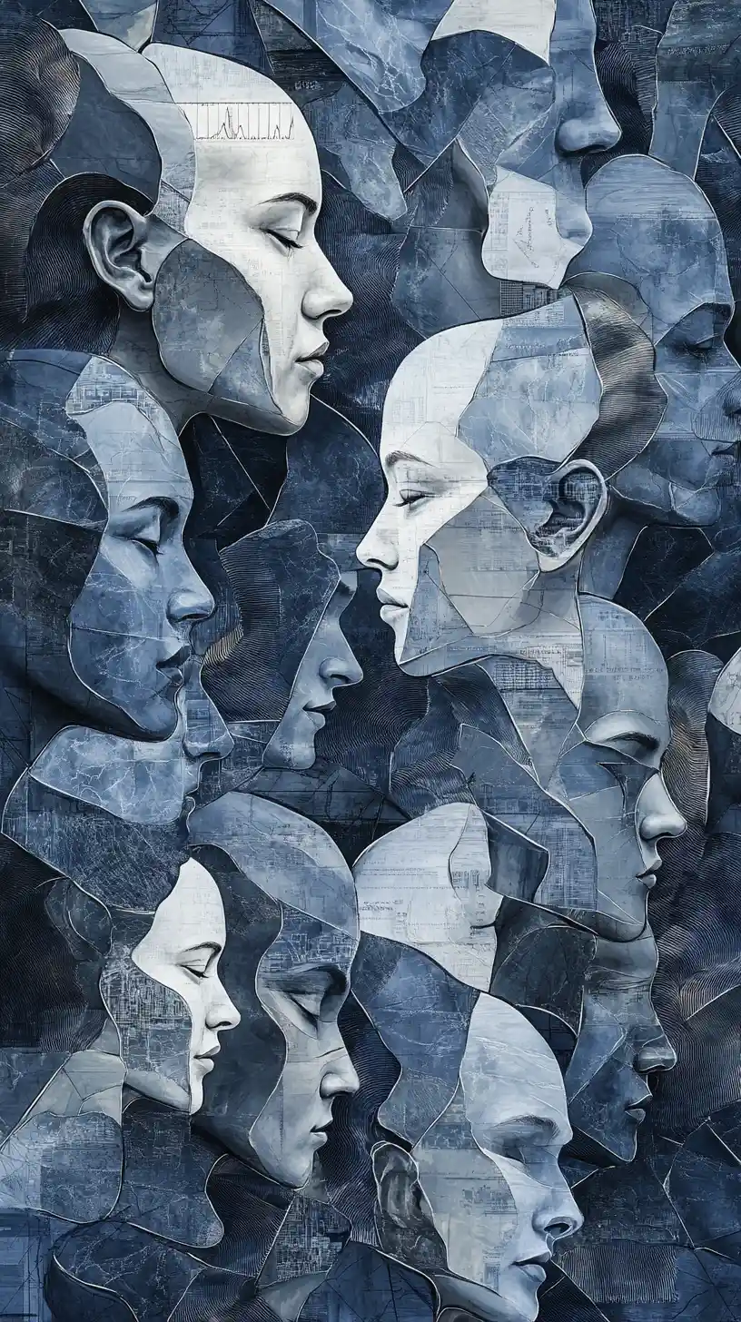 Layered human profiles emerging from analytical charts