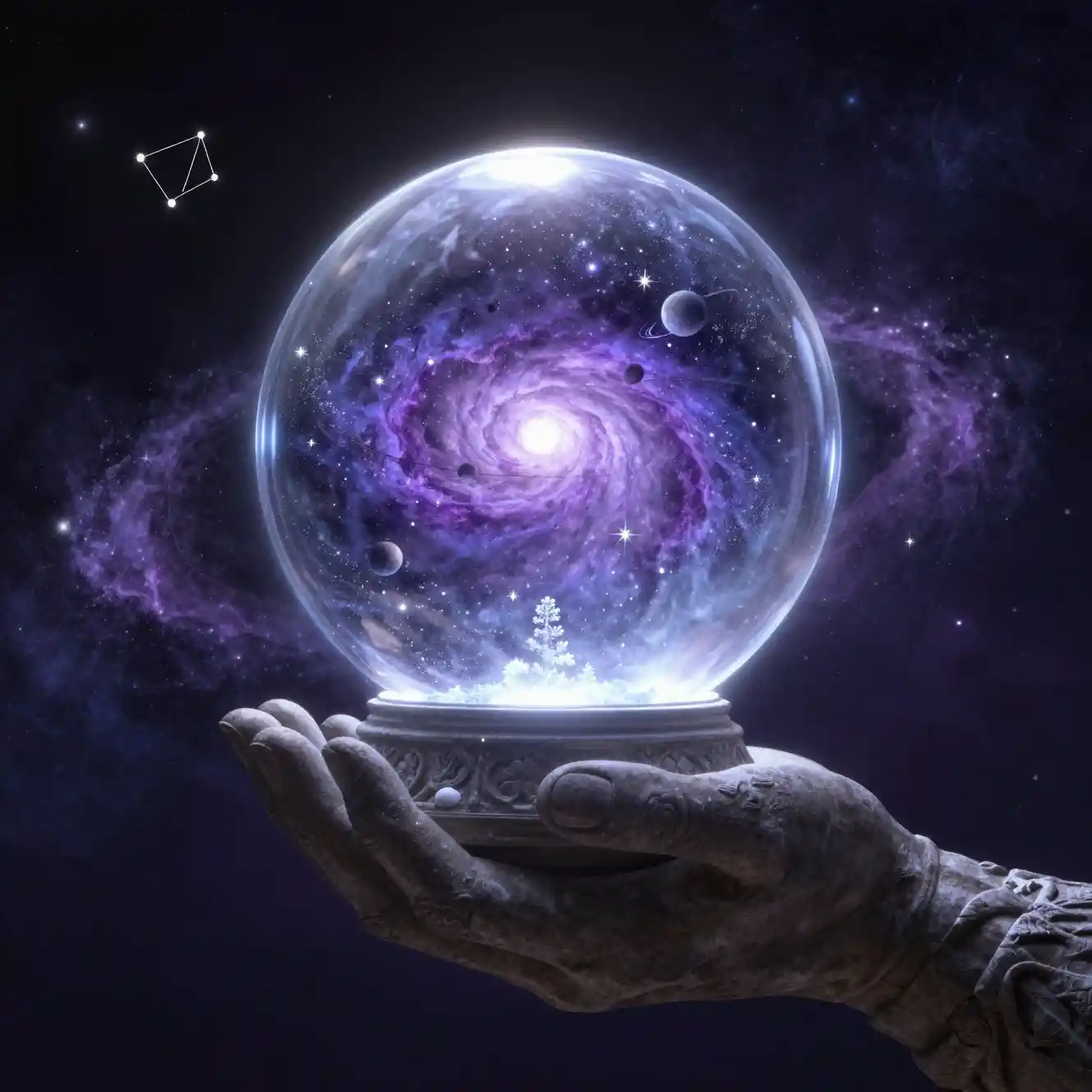 Cosmic deity holding a glowing galaxy snow globe