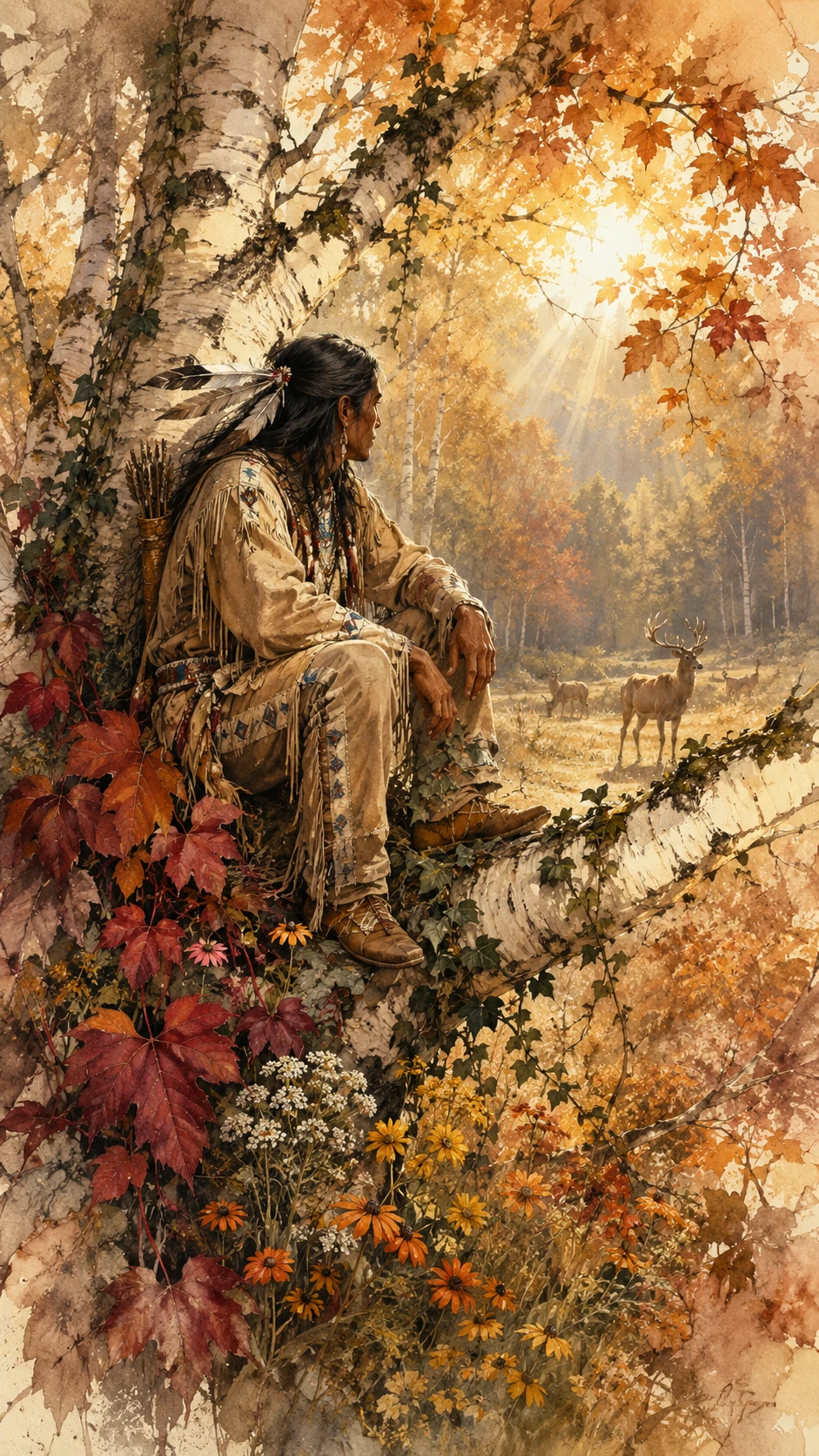 Native American man watching deer in autumn forest