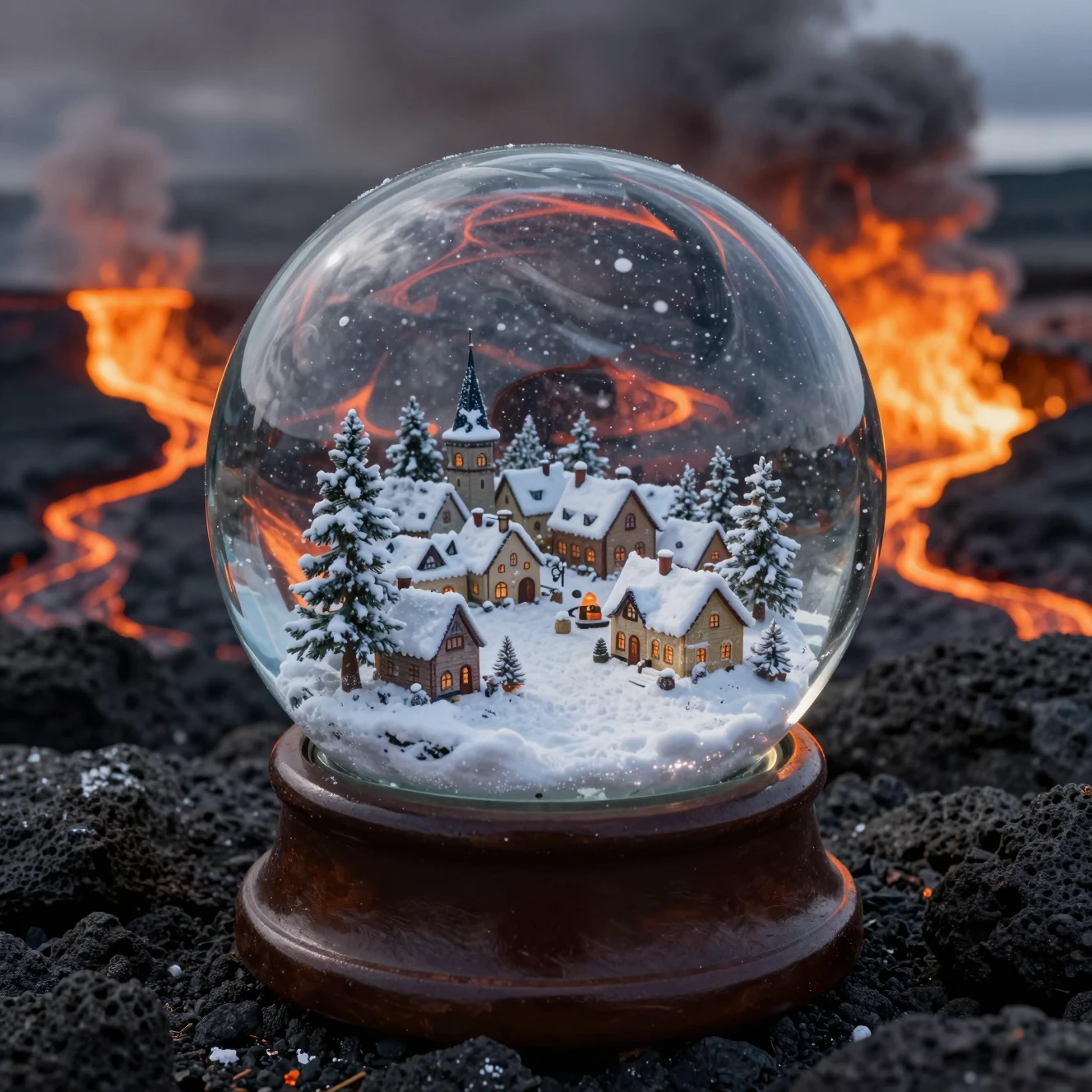 Glass snow globe on dark volcanic rock with lava