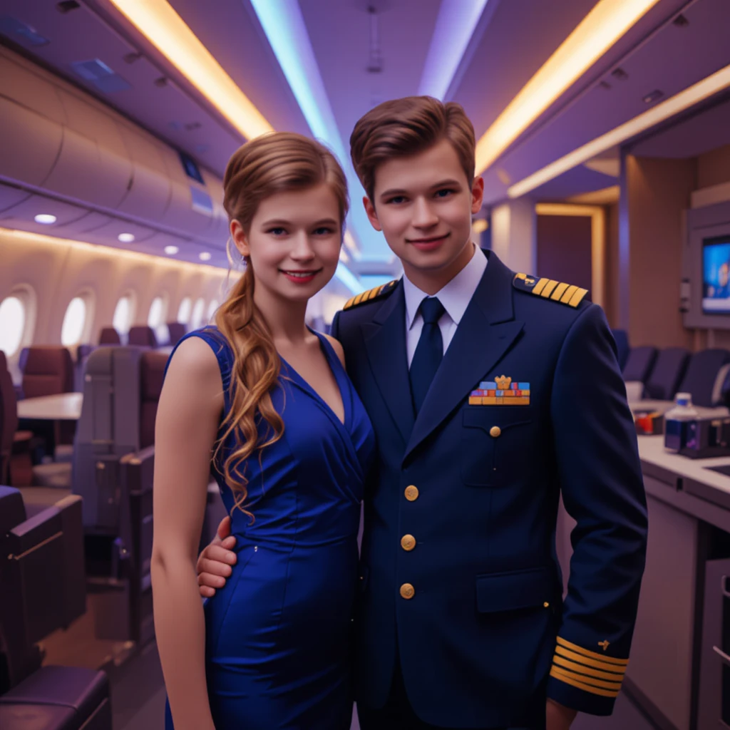 Airline captain and stewardess smiling in first class lounge