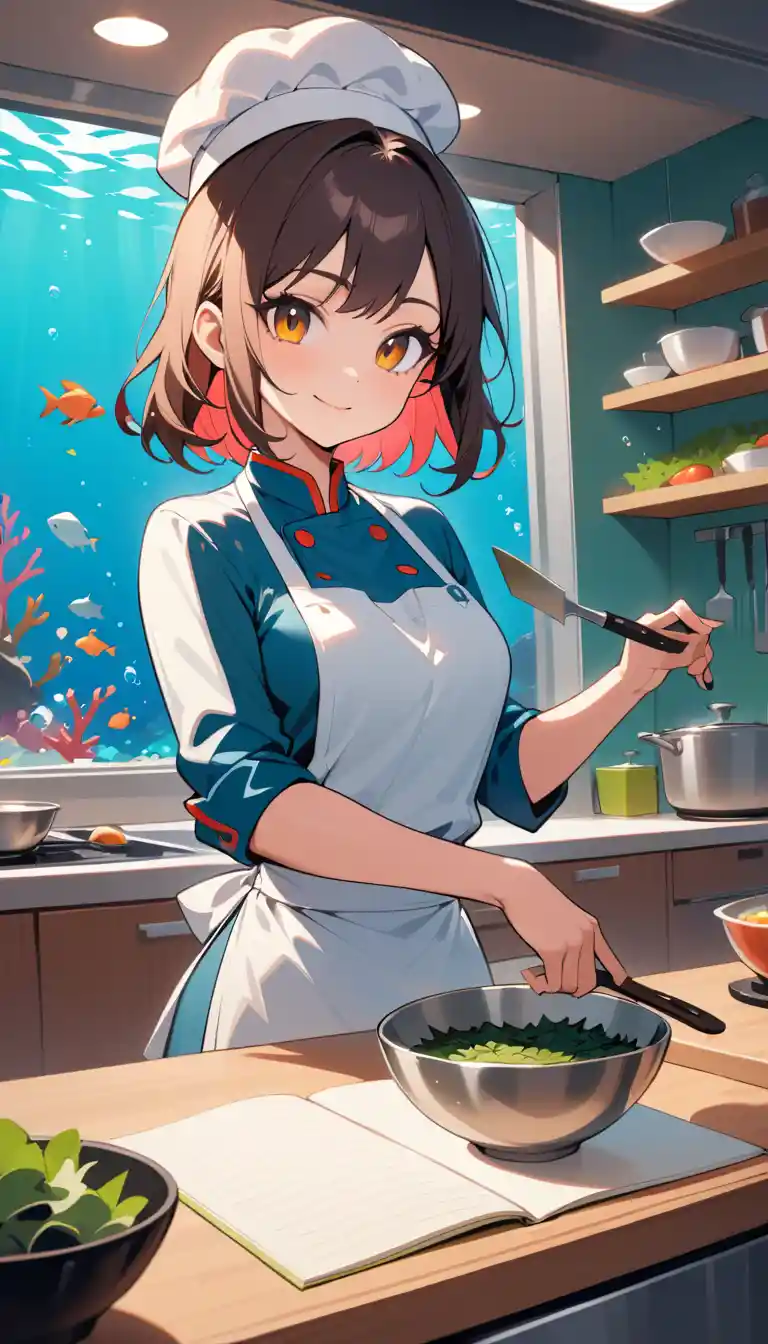 Anime girl cooking in an underwater glass dome classroom