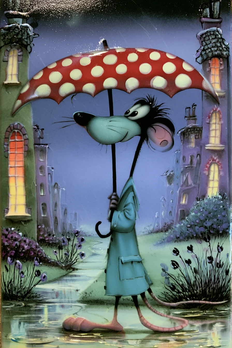 Tall skinny rat with umbrella on a rainy city night