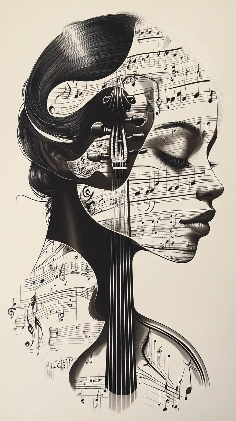 Surreal portrait formed from violins and piano key hair