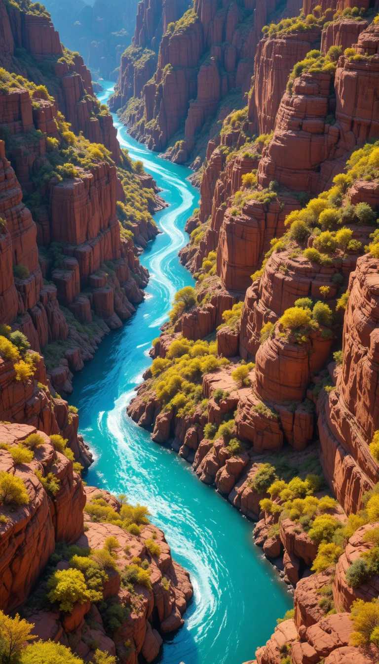 Aerial canyon river in bold turquoise and orange tones