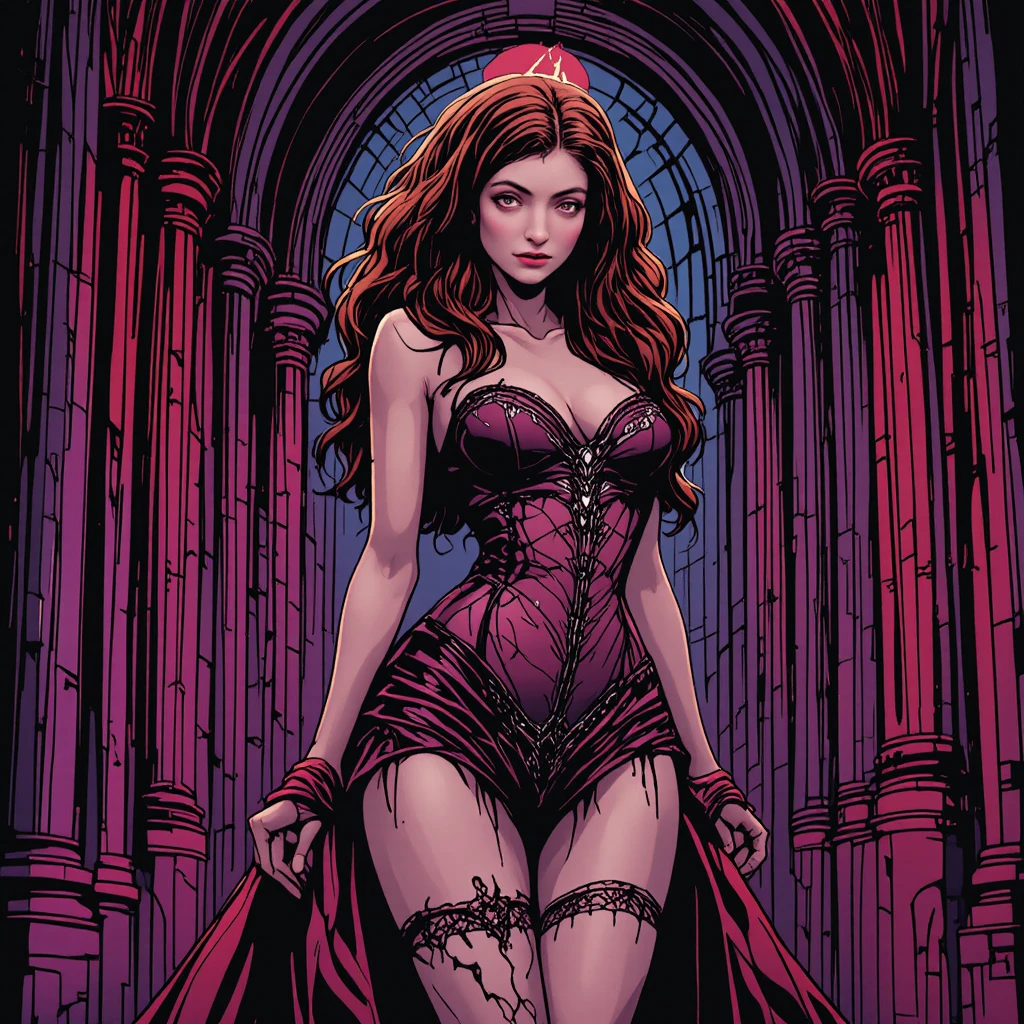 Principessa gotica in lingerie in una grande cattedrale