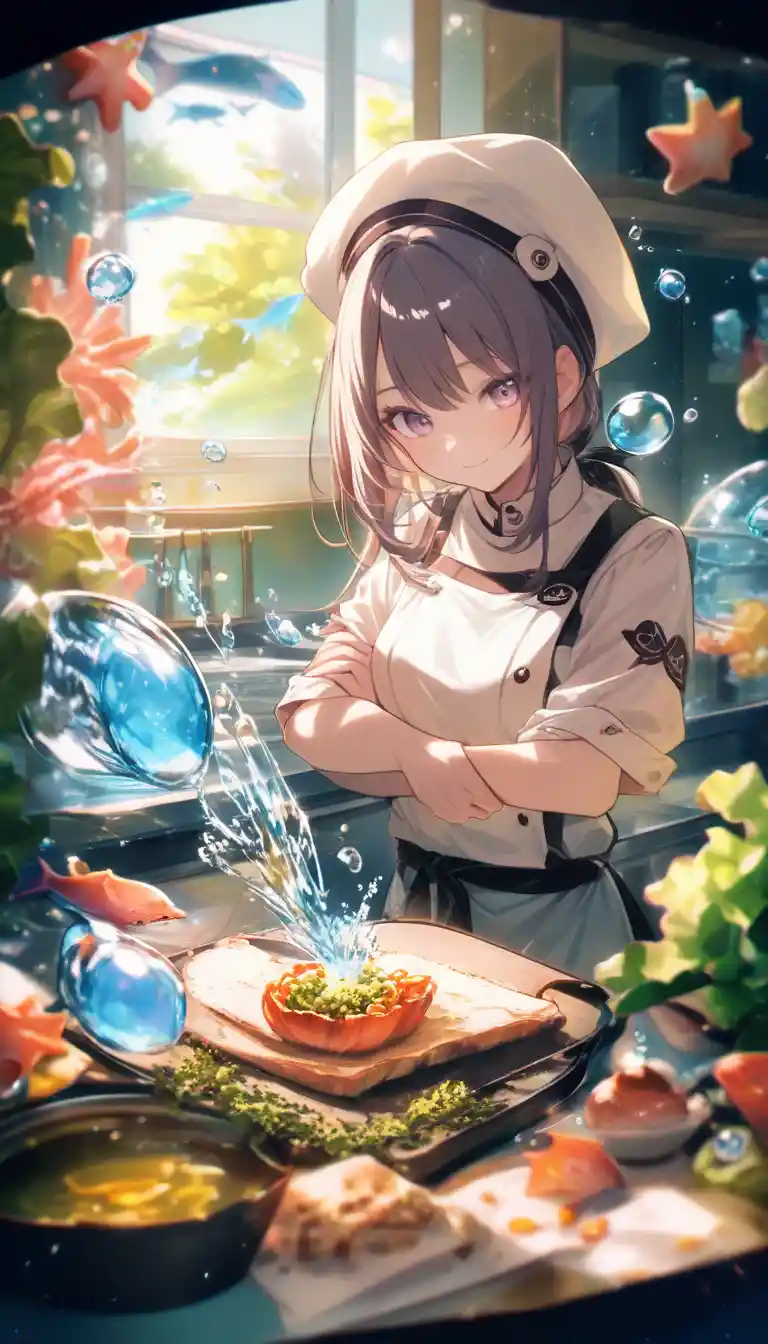 Anime girl cooking in an underwater glass dome classroom