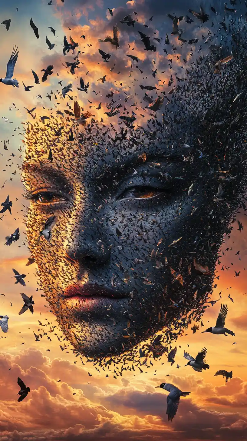 Surreal portrait formed from birds in a glowing sky