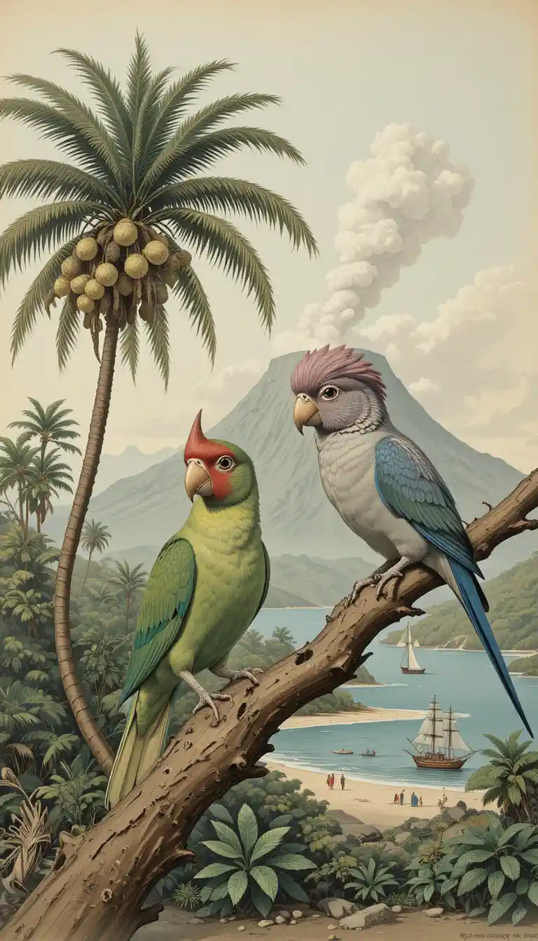 Vintage tropical birds before a distant smoking volcano