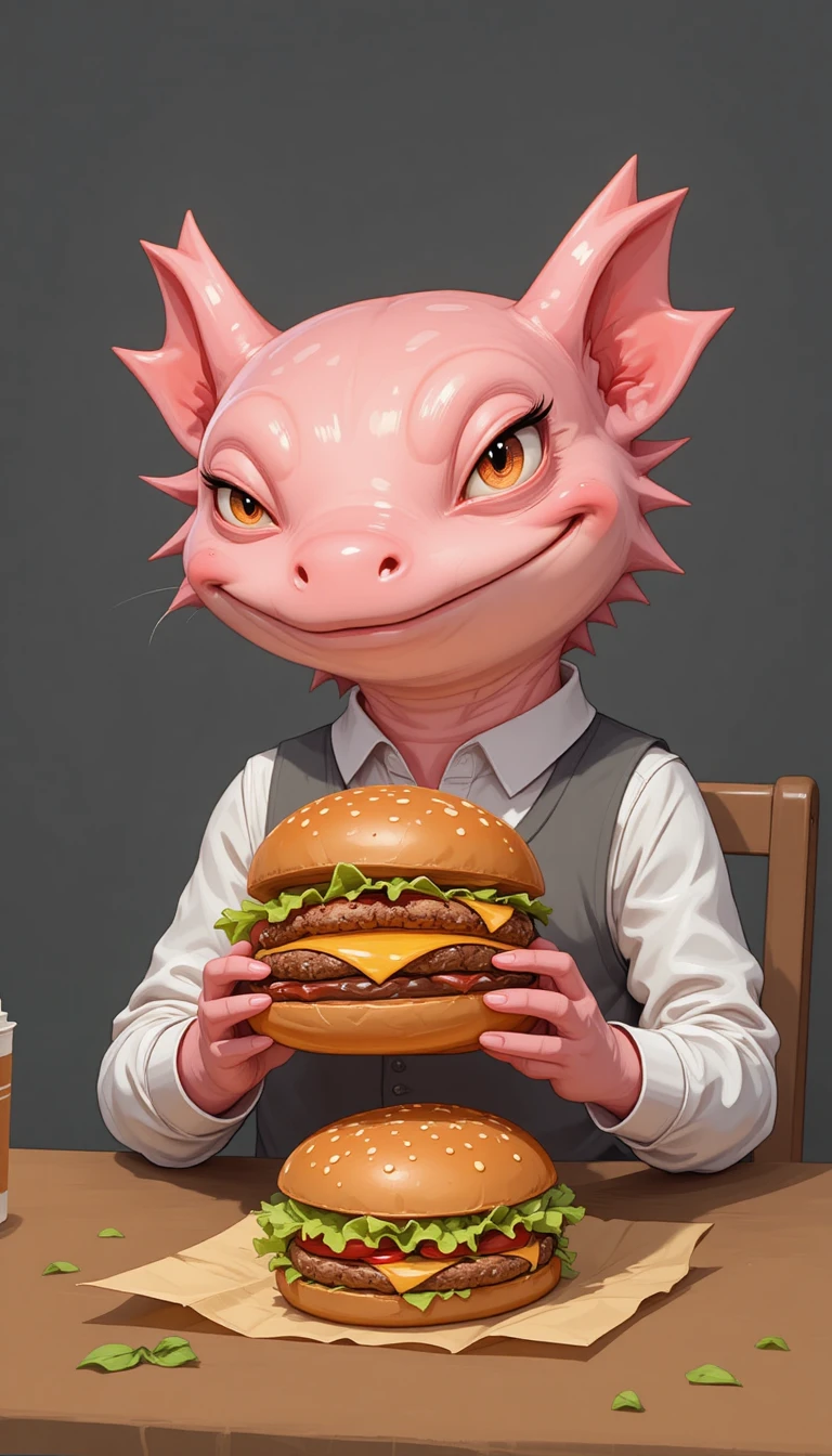 Rosa Axolotl isst einen Hamburger in sauberer Vektorillustration