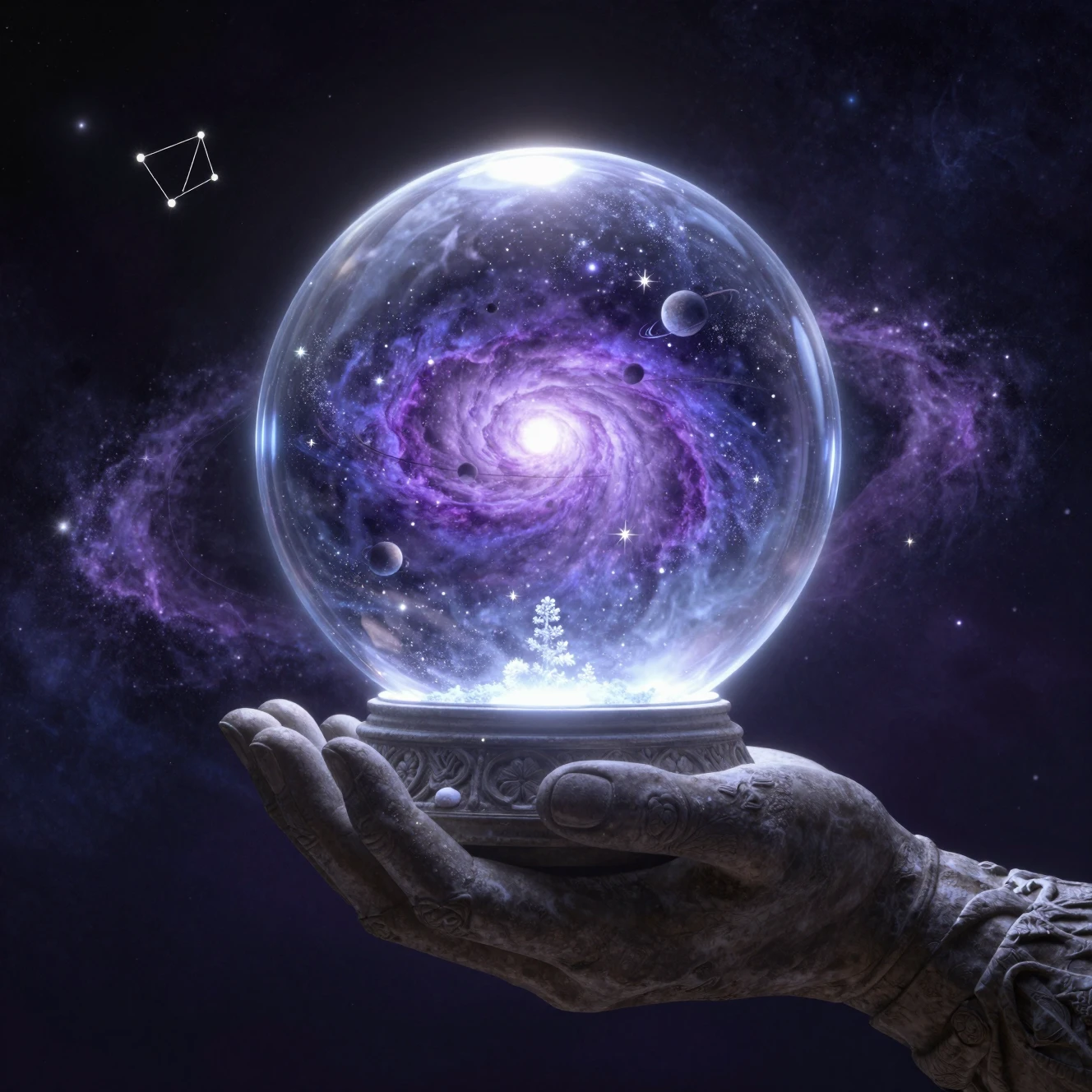Cosmic deity holding a glowing galaxy snow globe