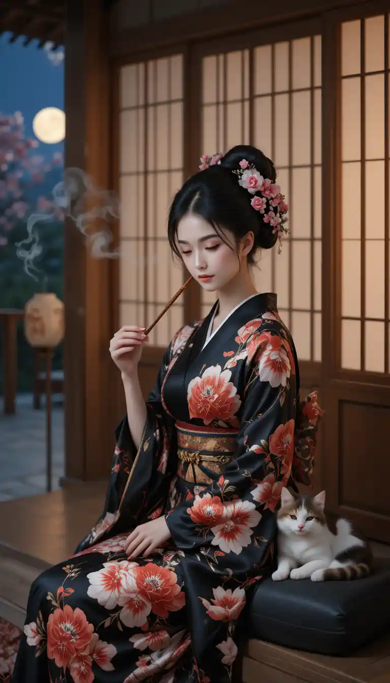 Elegant woman in black kimono on a lantern lit veranda