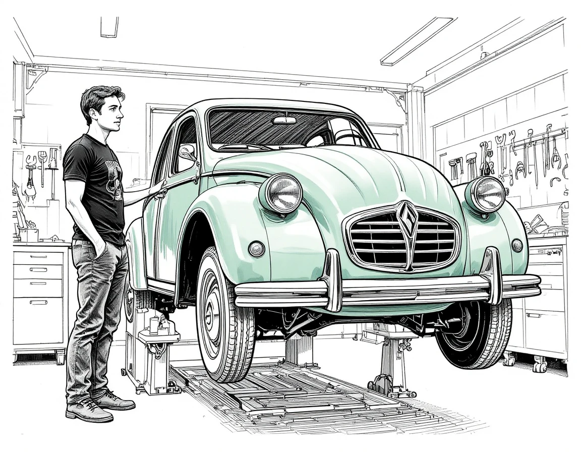 Classic sage green car on lift in bright workshop