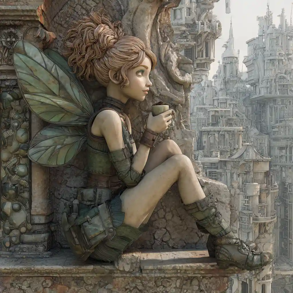 Steampunk fairy woman on rooftop at dreamy sunrise