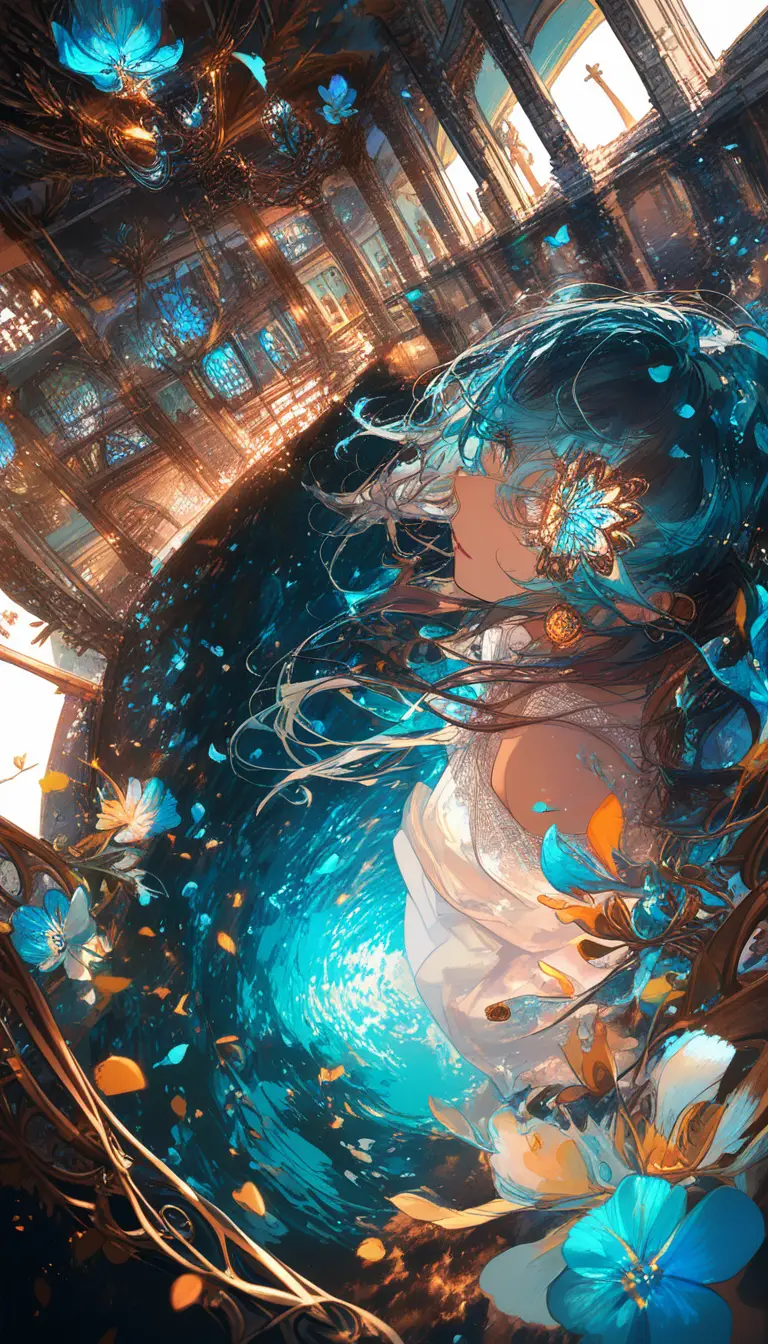 Anime woman on a sunny Mediterranean seaside balcony